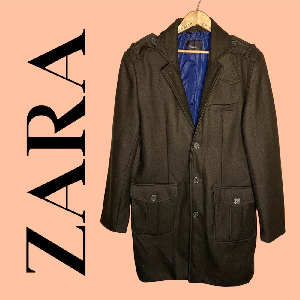 Zara - Men’s Military Style Pea Coat - Wool Blend - Army Green - Size Large